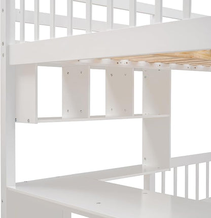 Merax Full Over Twin Bunk Bed with Desk, Drawers and Shelves, White