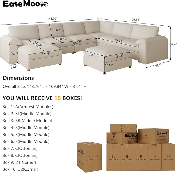 EASE MOOSE Faux Leather Sectional Couch, Oversized Modular Sofa, Modern Comfy Modular Couch, Scratch Resistant Material Sofas, U Shaped Couch for Big Spaces, Beige