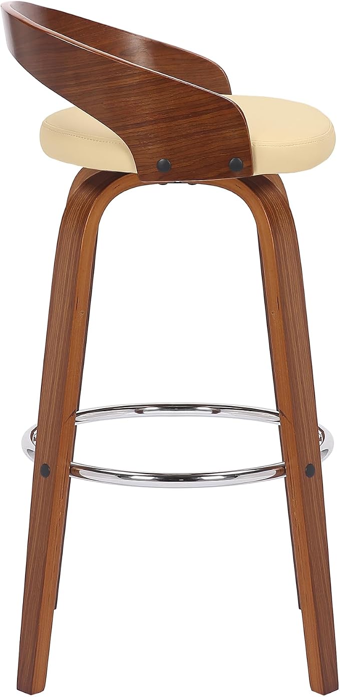 Armen Living Sonia 30" Bar Height Swivel Cream Faux Leather and Walnut Wood Bar Stool - Set of 3