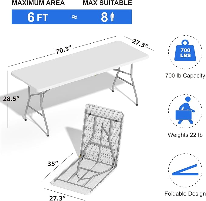 4 Pack Folding Stools with Foldable Table 6ft, Heavy Duty Dining Table and Chairs with Lock Function & Carrying Handle, Portable Indoor/Outdoor Furniture Set for Camping, Picnic, Party White