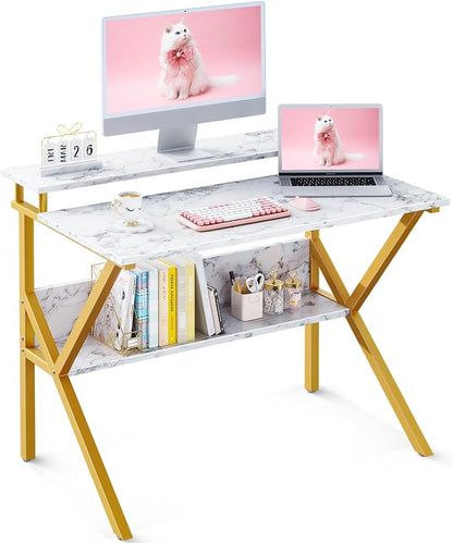 ODK Small Desk, 27.5 Inch Computer Desk for Small Spaces, Study Desk with Storage & Monitor Stand, White Marble + Gold Leg