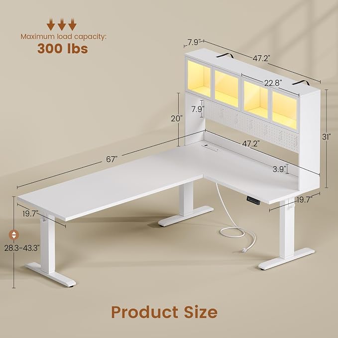 SEDETA 67" Standing L Shaped Gaming Desk, Office Computer Desk with Storage Hutch, Stand Up Corner Desk with Pegboard & Led Lights for Home Office, White