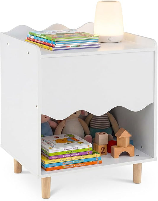 Costzon Nightstand, Kids Scalloped Side Table w/Wide Top, Large Storage Compartment & Solid Rubber Wood Legs, Wooden End Table for Children's Play Room, Bedroom, Living Room (White)