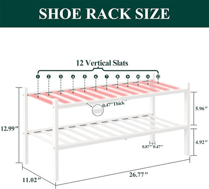 Smiry Bamboo Shoe Rack, 2 Tier Free Standing Wooden Shoe Organizer, Stackable Wood Shoe Storage Shelf for Closet, Entryway, 12 Vertical Slats, One-piece Standard Legs, 26.8"x11"x13", White