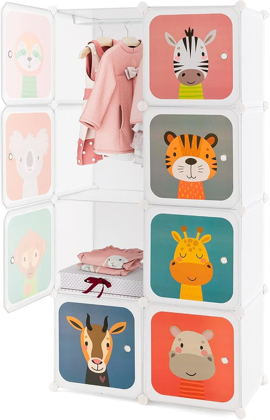 HONEY JOY Kids Wardrobe Closet, Baby Cartoon Clothes Storage Organizer, 8 Cubes & 2 Hanging Sections, Portable Children DIY Modular Bedroom Armoire Dresser Cabinet for Boys Girls (White)