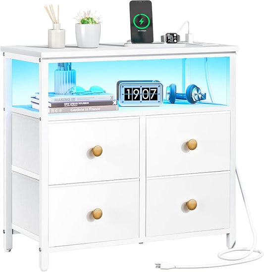 Yoobure Night Stand with Charge Station, Nightstand with 4 Drawers Bedside Table, LED Dresser with Storage Shelf, Night Stands for Bedroom, Side Table 3-Tier Wood End Table for Home, Office White