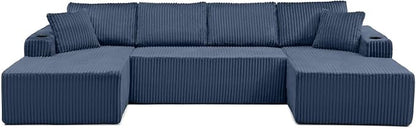 124" Modular Sectional Sleeper Sofa, Boneless Cloud Couch for Living Room, U Shaped 5 Seat Sofa with 2 Storage Pockets& 2 Cup Holders, Free Combination, No Assembly Required