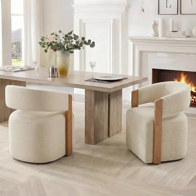 KISLOT Upholstered Dining Chairs Set of 1, Modern Wooden Arm Kitchen & Dining Room Chairs with Hidden Casters, Fabric Padded Rolling Chairs, Sturdy Wood Frame, 300 lbs Capacity, Sand