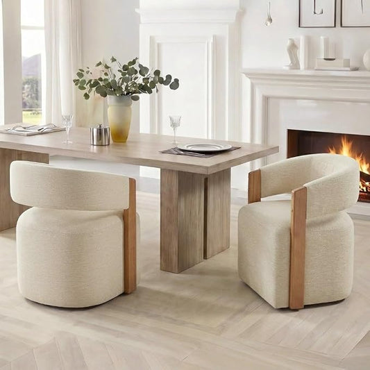 KISLOT Upholstered Dining Chairs Set of 2, Modern Wooden Arm Kitchen & Dining Room Chairs with Hidden Casters, Fabric Padded Rolling Chairs, Sturdy Wood Frame, 300 lbs Capacity, Sand