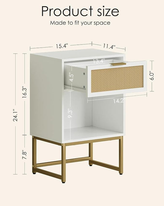Masupu Rattan Nightstand,Modern Night Stand Boho Farmhouse Wood Bedside Table with Storage Drawer Side End Table for Bedroom,Office,White