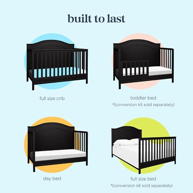 Davinci Charlie 4-in-1 Convertible Crib, GREENGUARD Certified, Ebony | Converts to Toddler Bed, Daybed, Full-Size Bed, 4 Adjustable Mattress Heights, Conversion Kits Sold Separately, Easy Assembly