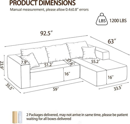 92.5" LSectional Sofa,Cloud Sectional Boneless Couches for Living Room, Couch with Deep Seat Oversized Right Facing Chaise, Memory Foam Compressed Spineless 3 Seater Sofa for Apartment