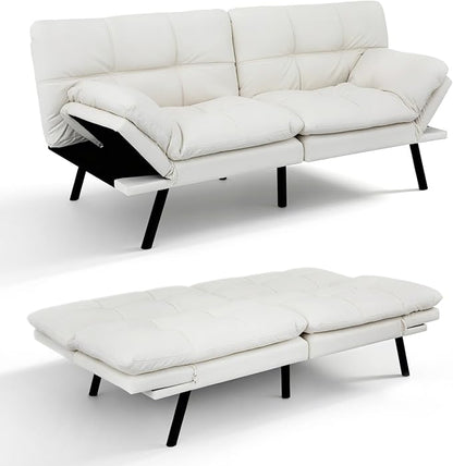 Vipbear 71" Futon Sofa Bed - Convertible Sofa Beds/Adjustable Backrest & Armrest, Comfy Loveseat Sleeper for Small Spaces, Apartments & Offices,Faux Leather White Futons