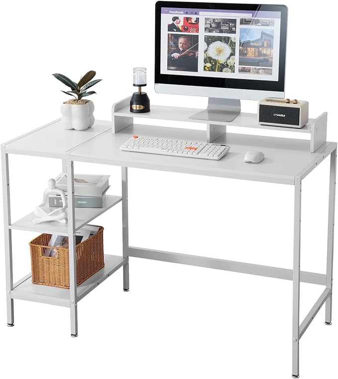 MINOSYS 47-inch Computer Desk with Storage Shelf - Ideal Gaming Desk for Bedrooms, Small Spaces, and Home Offices Modern Writing Desk for PCs,White Table.