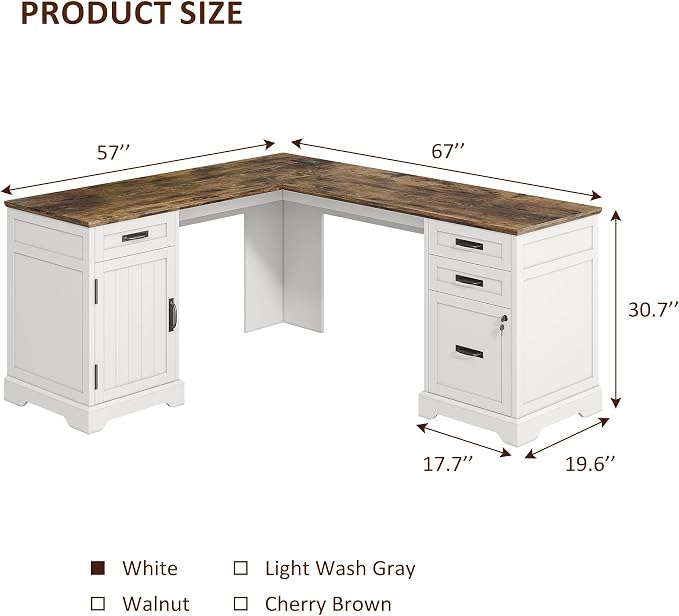 Whalefall 67'' Farmhouse L-Shaped Desk with Drawers for Home Office, White | Computer Corner Desk with File Cabinet and Charging Station, Large Executive L Desk with Locking Drawers Storage