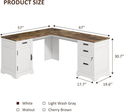 Whalefall 67'' Farmhouse L-Shaped Desk with Drawers for Home Office, White | Computer Corner Desk with File Cabinet and Charging Station, Large Executive L Desk with Locking Drawers Storage