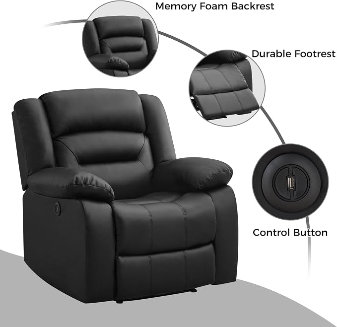 EBELLO Classic Power Recliner Chair, Faux Leather Oversized Electric Overstuffed Chair with Thicked Cushion and Back, Single Sofa with Comfortable Armchair, Black, 2Pcs