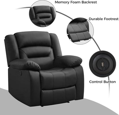 EBELLO Classic Power Recliner Chair, Faux Leather Oversized Electric Overstuffed Chair with Thicked Cushion and Back, Single Sofa with Comfortable Armchair, Black, 2Pcs