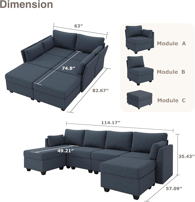 Huatean Home 114.17" Modular Sectional Sofa, 6 Seat Modular Couch with Storage, Memory Foam, Convertible Sectional Couches for Living Room, U Shaped Comfy Modular Sofa with Chaise, Blue Grey