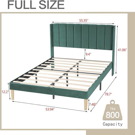 AGARTT Upholstered Platform Bed Frame Full Size with Headboard and Footboard/Wooden Slats Support/No Box Spring Needed/Easy Assembly,Ink Green Velvet