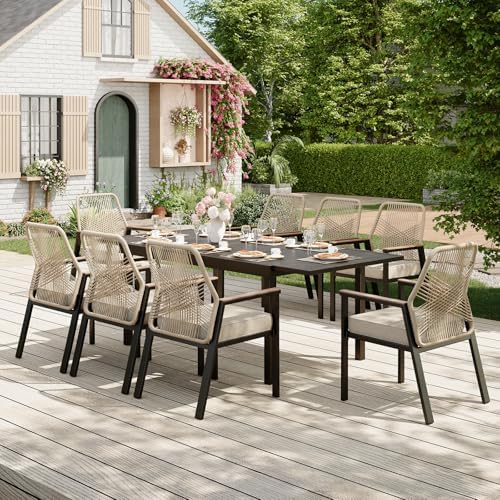 MIXPATIO Patio Dining Set, Extendable Metal Table, 8 Rattan Chairs, Beige