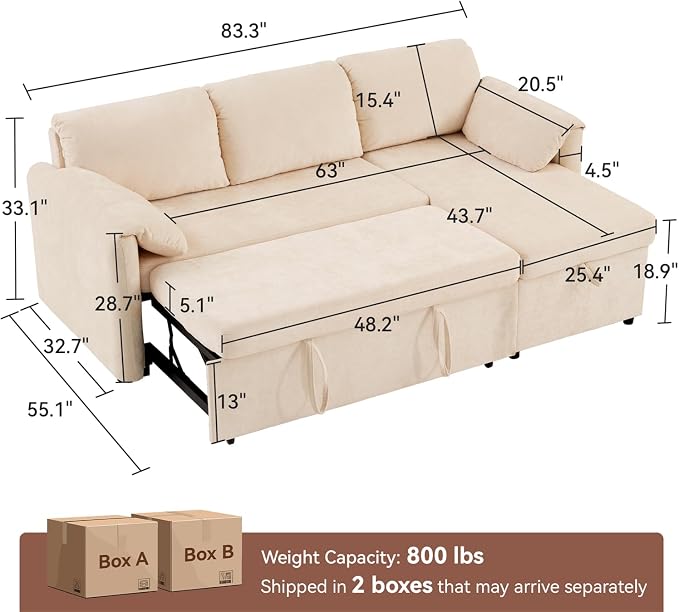 Tbfit 83'' 3 in 1 Sleeper Sofa Couch with USB & Storage Chaise, Cloud Sofa Bed with Pull Out Bed, Chenille Convertible Sleeper Sofas for Living Room, Small Spaces, Beige