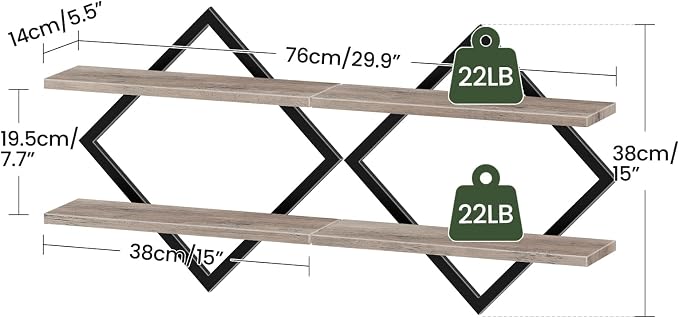 CHOEZON Floating Shelves for Wall, Set of 2 Wall Mounted Shelves, 2-Tier Hanging Shelves, for Living Room, Bedroom, Kitchen, Office, Study, Greige TBJ01P2BG