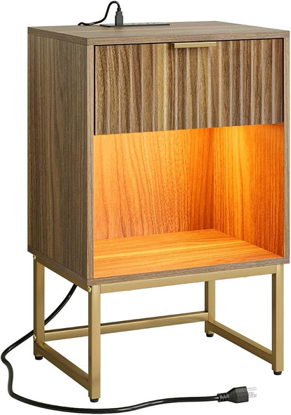 Masupu Fluted Nightstand with Charging Station and LED Lights,Modern Night Stand Wood Bedside Table with Storage Drawer Side End Table for Bedroom,Office,Walnut Brown