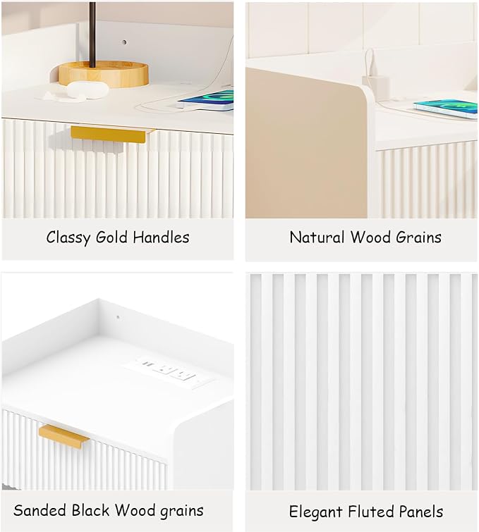 Arbuxzuy Floating Nightstand Set of 2 with Charging Station, Modern Wall Mounted Bedside Table with Drawer & Open Shelf, Minimalist Wooden Night Stand for Bedroom (White)