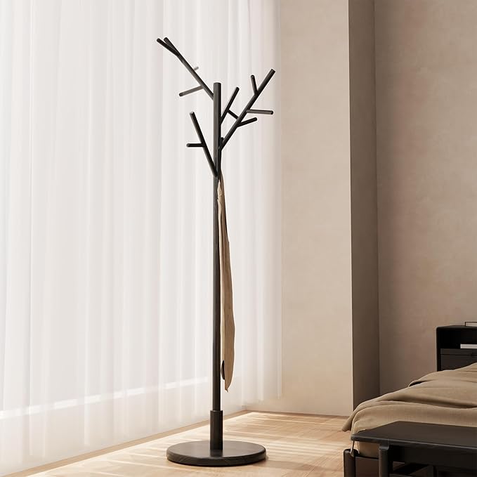 Muwuele Coat Rack, Solid Wood Coat Rack Freestanding with 12 Hooks, Coat tree freestanding 3 Adjustable Heights for coat, Hats, Handbags， Coat Stand for Entryway, Bedroom (Black)