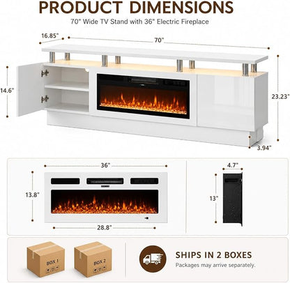 70" TV Stand for Living Room, Entertainment Center & Media Console with Storage, Fits TVs up to 80", Modern TV Cabinet with Shelves, 36" Electric Fireplace (All White)