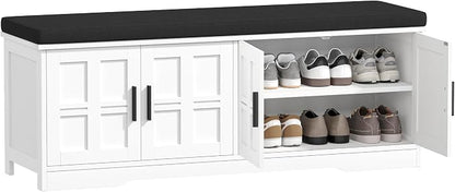Akxomel Shoe Bench with Storage, 47.2" Entryway Bench with Padded Cushion, 2-Tier Shoe Cabinet Bench with Adjustable Shelves and 4 Cross Molding Doors, for Hallway, Living Room, Bedroom, White
