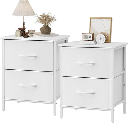 Stero Nightstand Set of 2, Kids Dresser with 2 Drawers, Steel Frame Bedside Furniture, Wood Top Fabric Night Stand, Colorful End Table for Home, Bedroom, Office, White