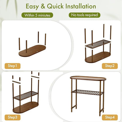 Small Entryway Table Bamboo 30.7", Narrow Hallway Table 2-tier, Slim Console Table with Anti-fall Edge, Sofa Side Table 5min Easy Assembly, Small TV Stand for Bedroom, Indoor Plant Stand, Dark Walnut