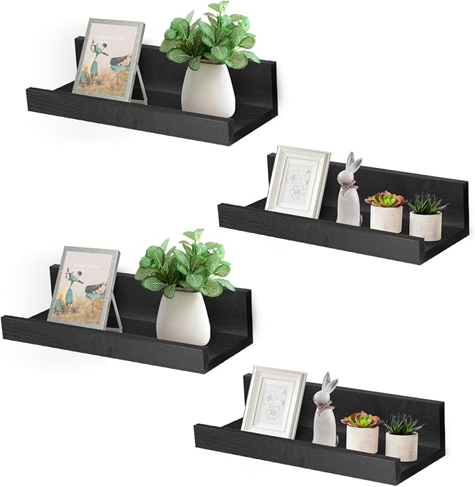 Muzilife 12" Small Floating Wall Ledge Shelves with Lip - Set of 4 Wood Floating Shelves - Black Wall Mounted Picture Ledge for Office, Bathroom, Bedroom, Living Room, Kitchen