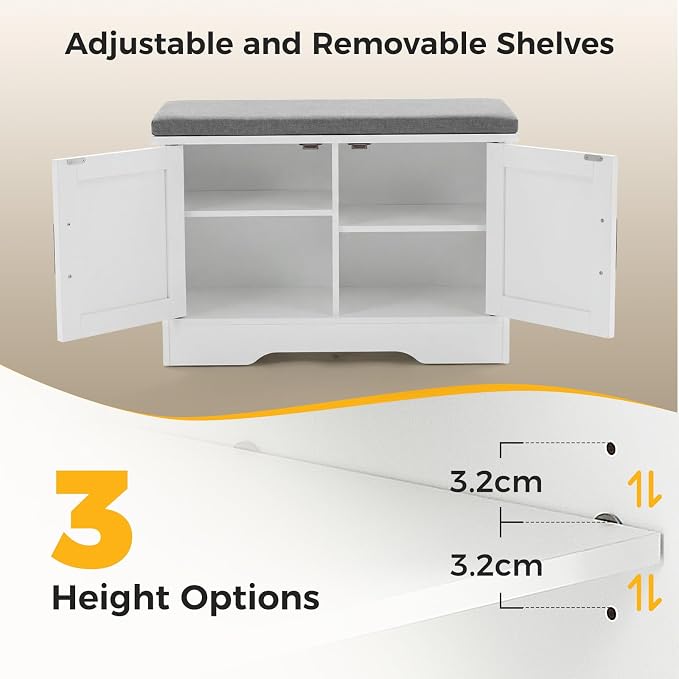 28" Shoe Bench, with Storage with Padded Seat Cushion, Modern 4-Door Shoe Cabinet with Adjustable Shelf for Entryway, Bedroom, Living Room, White