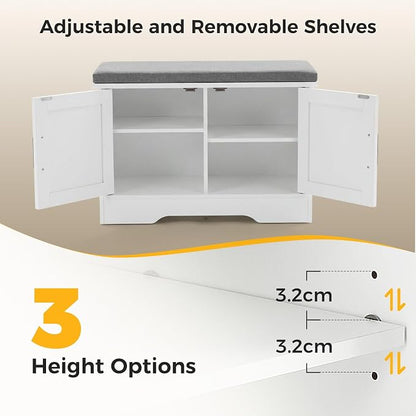 28" Shoe Bench, with Storage with Padded Seat Cushion, Modern 4-Door Shoe Cabinet with Adjustable Shelf for Entryway, Bedroom, Living Room, White