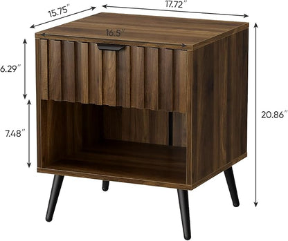 Smuxee Walnut Wooden Night Stand Set of 2, Mid Century Nightstand with Fluted Drawer, Bedside Table with Open Shelf, Modern End Side Table for Bedroom