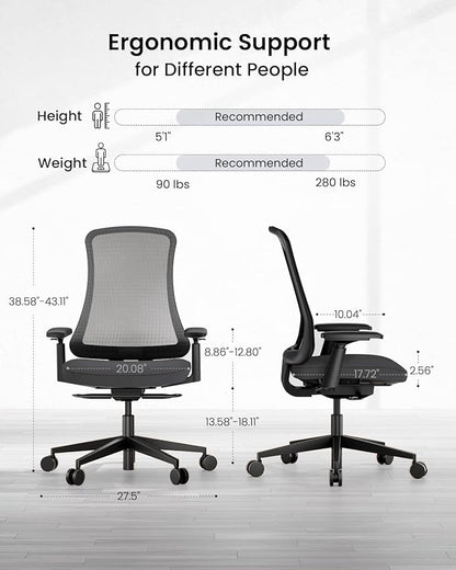 ProtoArc Ergonomic Office Chair – Flexer Mesh Couputer Chair for Women, Foam Sliding Seat, 125° Recline, Home Desk Chairs for Small Spaces, Stylish & Comfortable – Black