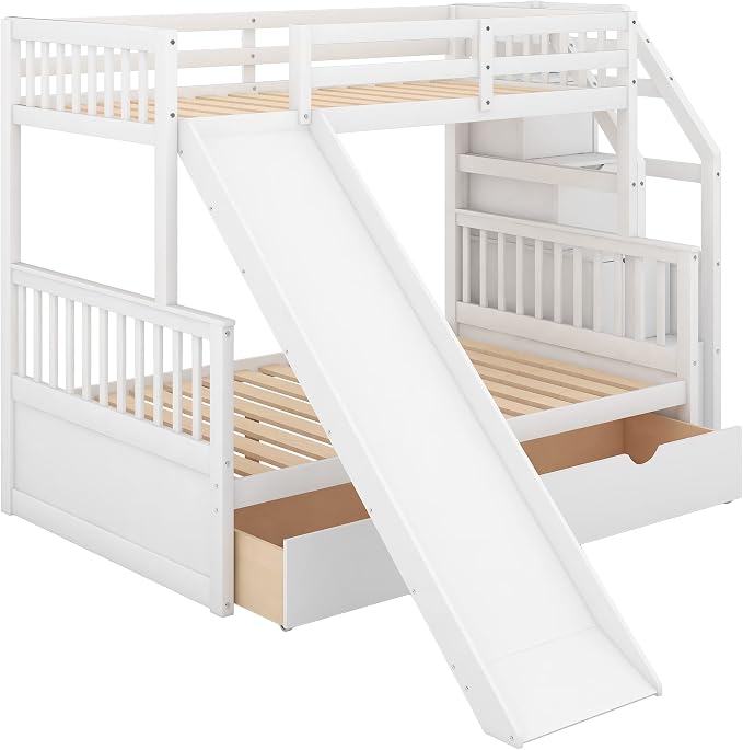 RUNNA Twin Over Full Bunk Bed with Slide,Storage Drawers,Play House, White | Twin over full bunk bed with slide,storage,ladder,play house design,solid wood frame,guardrails,no box spring needed,White