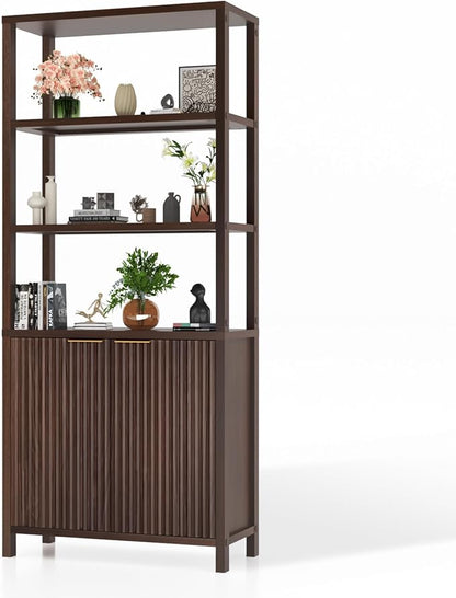VINGLI Bookcase with Fluted Doors, 71" Wood Storage Cabinet with Adjustable Shelves, 6-Tier Display Cabinet Bookshelf for Study, Living Room, Home Office, Kitchen Pantry, Walnut