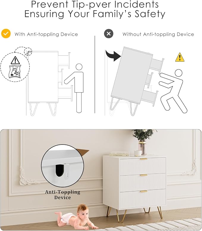 Fluted 3 Drawer Dresser for Bedroom, Modern Storage Bedroom Dresser Chest Cabinet Organizer with Anti-Tip Hardware for Living Room, Dressing Room, Kids Room, Office (White)