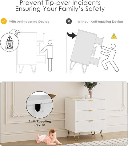 Fluted 3 Drawer Dresser for Bedroom, Modern Storage Bedroom Dresser Chest Cabinet Organizer with Anti-Tip Hardware for Living Room, Dressing Room, Kids Room, Office (White)