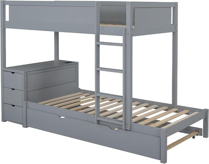 Harper & Bright Designs Twin Over Twin Bunk Bed Twin Size Trundle, Wood Twin Bunk Bed with USB Ports, Storage and Desk, Gray