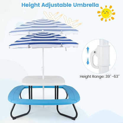 Costzon Kids Picnic Table, 8 Person Kids Outdoor Table and Chairs with Foldable & Adjustable Umbrella, 4 Built-in Benches, Toddler Outdoor Furniture for Backyard, Patio, Garden (Blue)