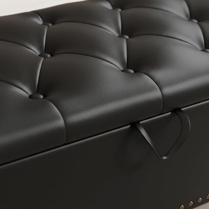 Furniliving 51” End of Bed Bench, Bedroom Bench with Button-Tufted, Large Upholstered Storage Ottoman Benches Entryway Bench with Storage Shoe Cabinet Bench, for Bedroom, Living Room, PU, Black