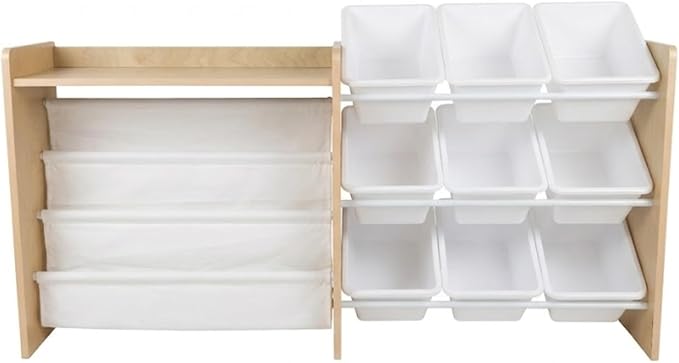 Humble Crew Toy Storage Organizer with Book Shelf and Top Shelf, 9 Removable Storage Bins for Kids Playroom, Toy Organization, Solid Wood, Natural/White