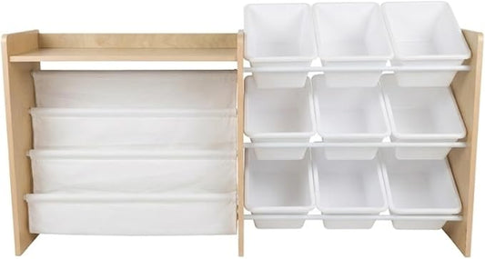 Humble Crew Toy Storage Organizer with Book Shelf and Top Shelf, 9 Removable Storage Bins for Kids Playroom, Toy Organization, Solid Wood, Natural/White