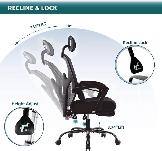 DUMOS Home Office Desk Chair with Footrest, High-Back Mesh Rolling Swivel Reclining Chairs with Wheels, Comfortable Headrest, Lumbar Support, Comfy Arms for Home, Office, Gaming, Student, Inky