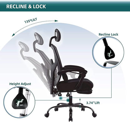 DUMOS Home Office Desk Chair with Footrest, High-Back Mesh Rolling Swivel Reclining Chairs with Wheels, Comfortable Headrest, Lumbar Support, Comfy Arms for Home, Office, Gaming, Student, Inky